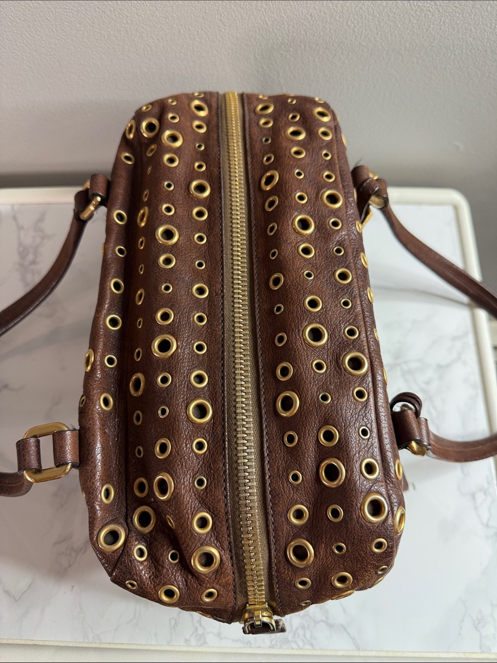 Prada Dark Brown Leather Grommet Satchel with Gold Hardware - Picture 9 of 12